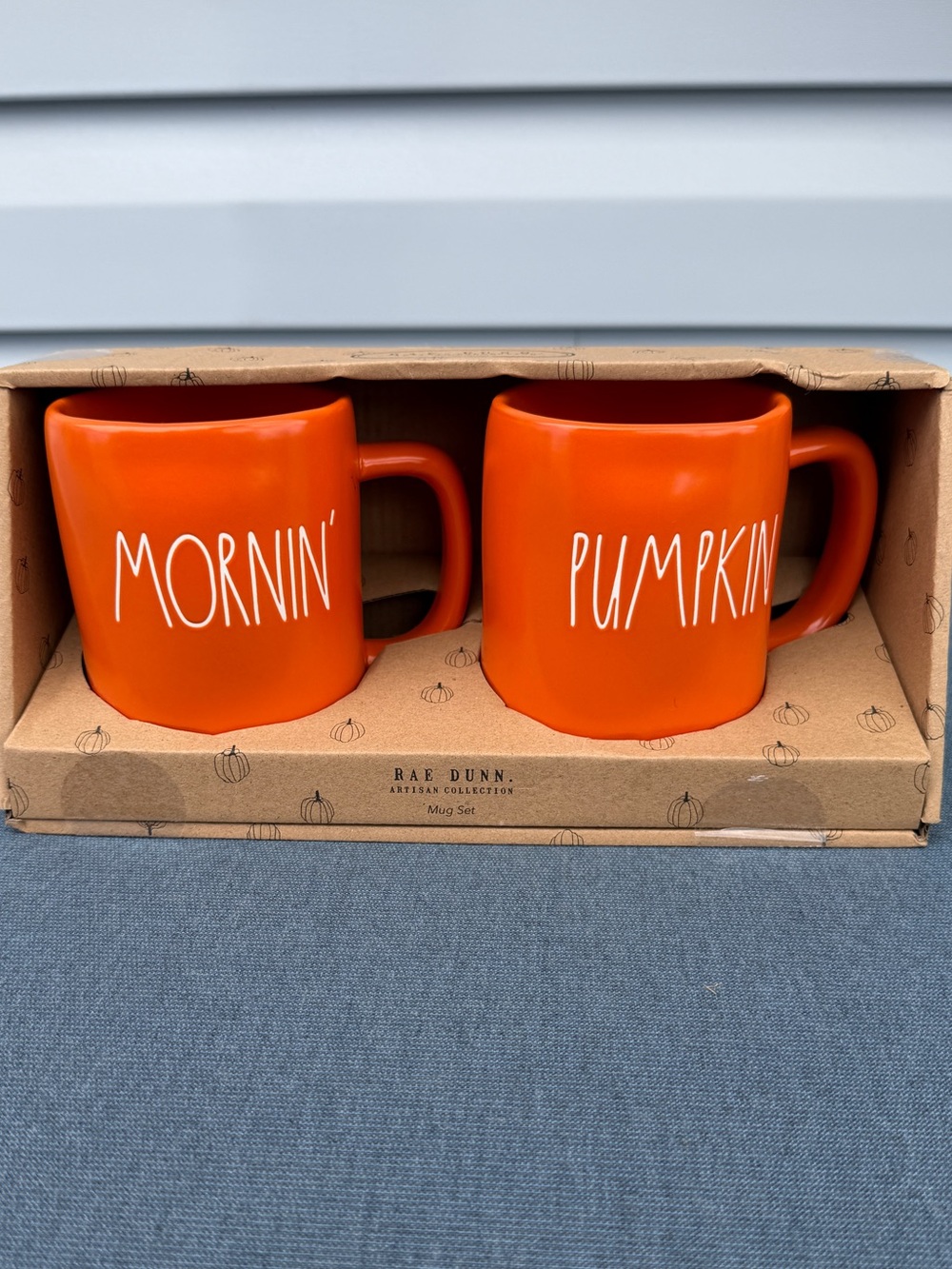NWT Rae Dunn Orange Ceramic 'Mornin'' & 'Pumpkin' Mug Duo